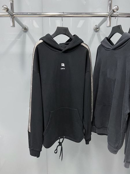

spring and summer chest hook logo embroidered hem drawcord os terry hooded couples same sweater, Black