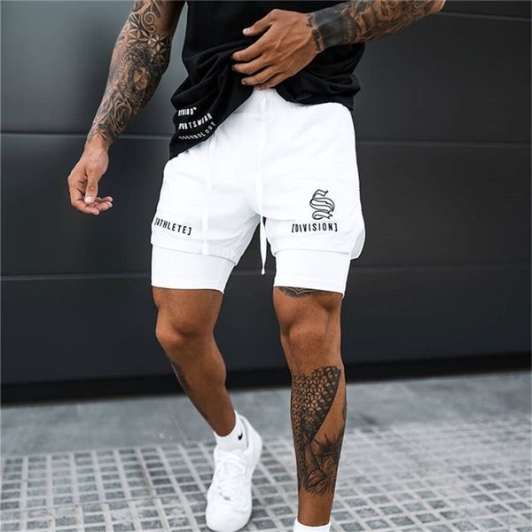 

men's shorts fitness bodybuilding gyms workout male breathable 2 in 1 doubledeck quick dry sportswear jogger beach 230130, White;black