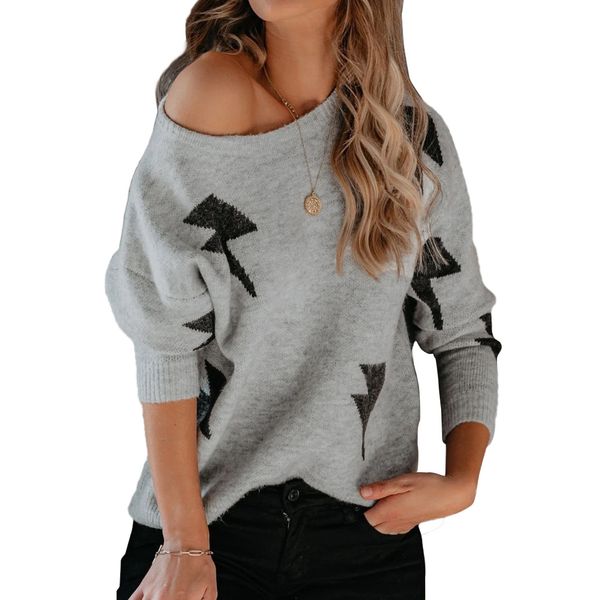 

crew neck pullover women's sweaters lady cute geometic lightning pattern knitted blouse with regular regular long sleeves rib stiches, White;black
