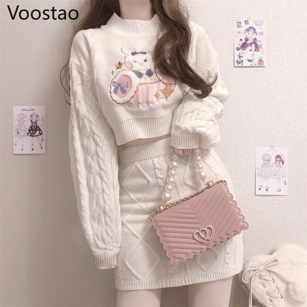 

two piece dress autumn winter sweet lolita style skirt sets japanese girls cute rabbit embroidery kintted sweater skirts spring women 2pc se, White