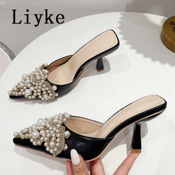 

size 35-41 women's slippers pearl design pointed to slip-on mules low thin heels shoes ladies sandals stilettos 0129, Black