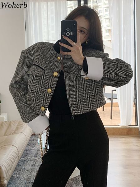 

women's jackets woherb fashion korean chic vintage tweed jacket coat women spring contrast color cropped jackets elegant office lady ou, Black;brown