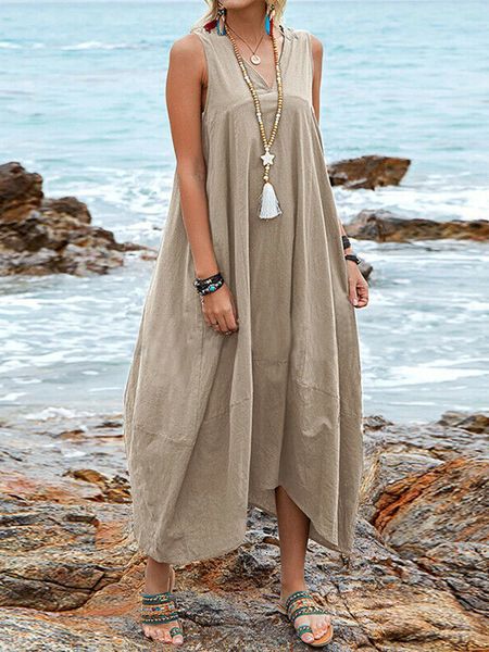 

casual dresses summer solid sleeveless vneck long dres fashion loose backless chic laceup simple linen big hem 230130, Black;gray