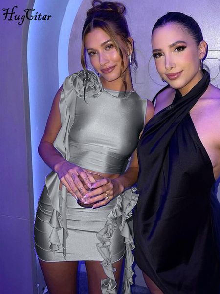 

two piece dress hugcitar appliques solid sleeveless patchwork crop tank skirts 2 pcs set summer women fashion clothes streetwear party y2k 2, White