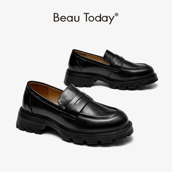 

dress shoes beautoday penny loafers women genuine cow leather round toe thick sole slipon jk uniform dress shoes handmade 27764 230130, Black