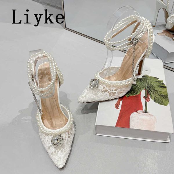 

2023 new mesh pumps sandals female pointed toe white string bead ankle strap high heels stiletto dress shoes women 0129, Black
