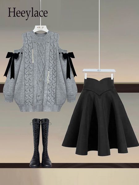 

two piece dress fall winter two piece sets womens outfit for women off the shoulder bow diamond knitted sweater and pleated skirts sets 4xl, White