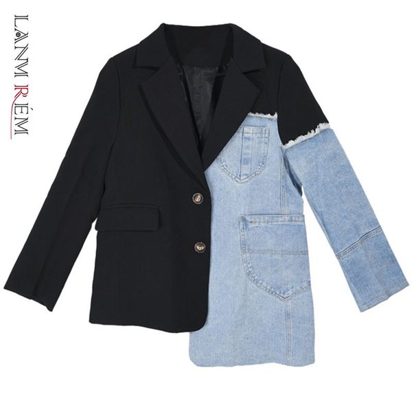 

womens jackets lanmrem spring loose suit stitching denim coat irregular single breasted color block jacket female fashion coats 2a04505 2301, Black;brown