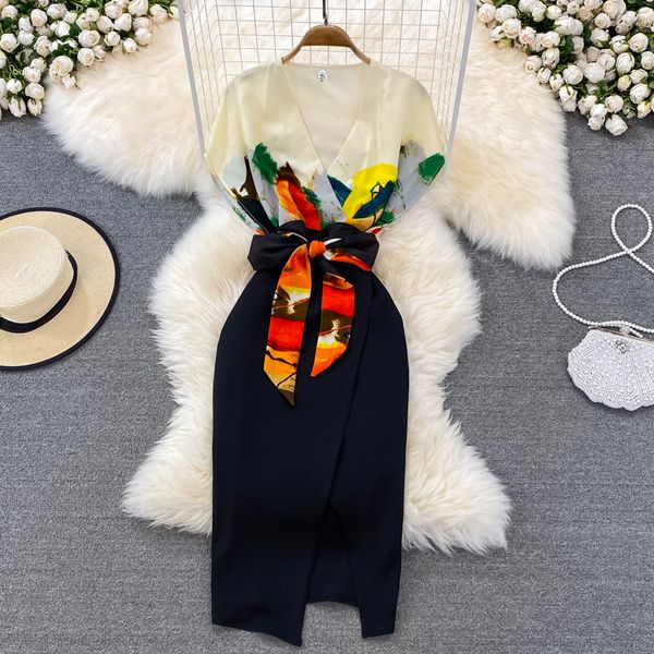 

spring summer new fashion ladies dress high-end v-neck print waistband vestidos mujer elegant temperament split dresses 2023, Black;gray