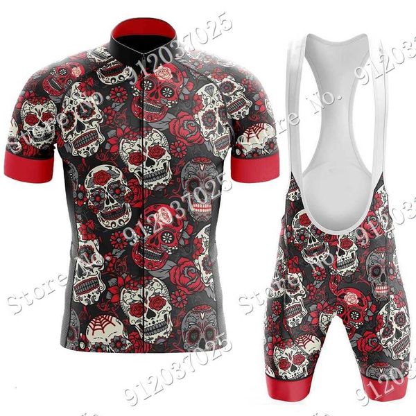 

sugar skulls cycling jersey set 2021 summer cycling clothing road bike shirts suit bicycle bib shorts mtb maillot culotte, Black;red
