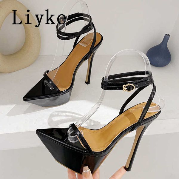 

runway style ankle strap gold sandals for women thick bottom pointed toe stiletto high heels platform pole dance shoes 0129, Black