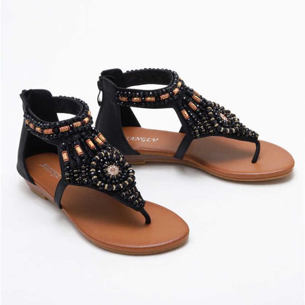 

plus size 41 42 women hand string beaded chunky sandals flip flop bohemia national style low heel summer shoes 0130, Black