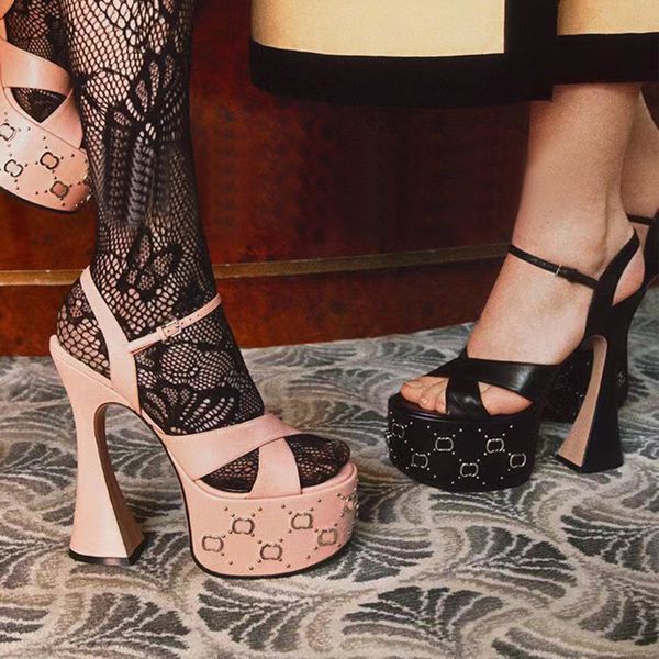 

new crystal sheepskin platform super high sandals pumps shoes for womens evening shoes women heeled 155mm luxury designers ankle strap dress, Black