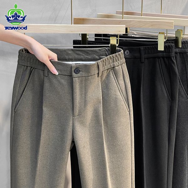 

men's pants autumn winter suit pants men thick business elastic waist classic grey brown woolen straight korean formal trousers male 27, Black