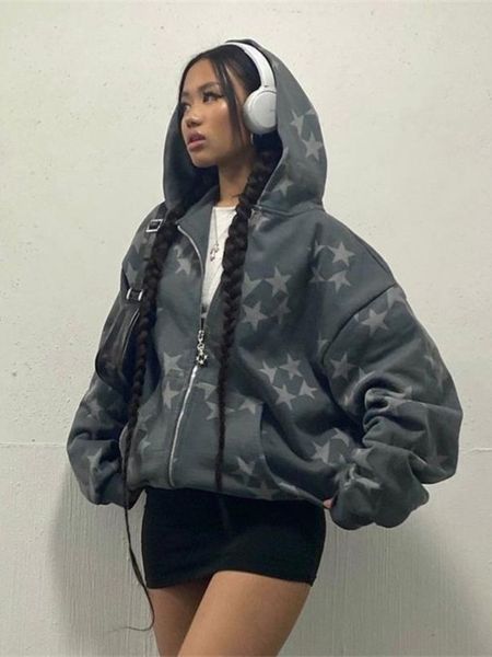 

women's jackets houzhou printed y2k zip up hoodie women and men vintage casual star loose long sleeve cardigan hip hop streetwear 23013, Black;brown