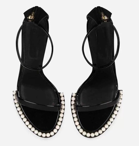 

elegant keira patent leather sandals shoes with pearls feather flower d and g-shape pop heel lady gladiator sandalias party wedding bridal e, Black