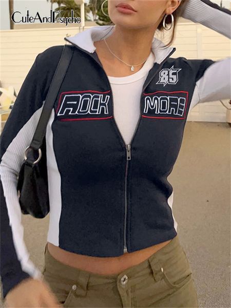 

womens jackets cuteandpsycho letter print fashion y2k long sleeves patchwork turndown neck coats streetwear autumn cute zip up outfits 23013, Black;brown