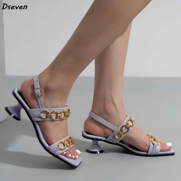 

elegant temperament gold chain mid-heeled summer women sandals solid color square toe comfortable round heel ladies shoes 0130, Black