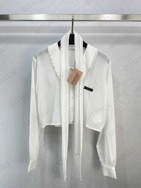 

womens blouses shirts metal chain trim lapel long sleeves shirt buttons belt design short style slim blouse simple designer women clothing, White
