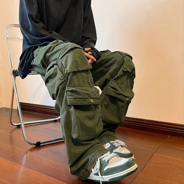 

men's pants cargo multipockets tooling pant harajuku vintage loose wide leg streetwear casual hiphop mopping trousers 230131, Black