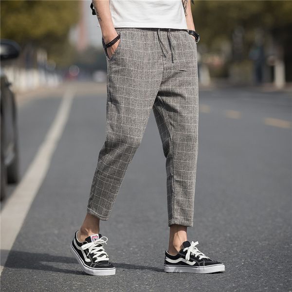 

men's pants straightleg spring and summer linen plaid retro fashion casual nine points clothing ankle trousers 230131, Black