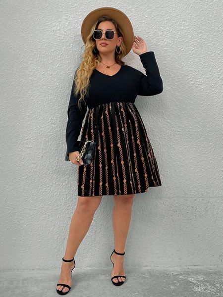 

plus size dresses size midi women 4xl autumn summer curvy large elegant chic long sleeve patchwork a line casual dress 230130, Black