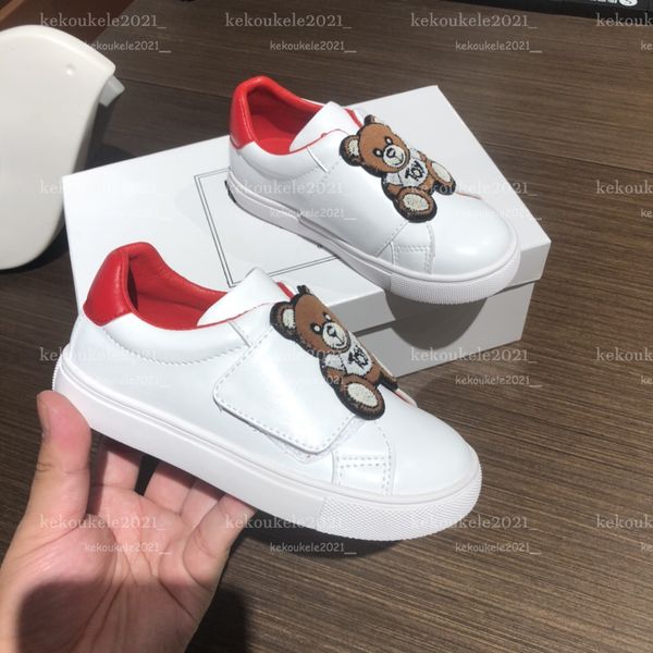 

2023 new children flats shoes for spring/autumn all-match leather kids sneakers cute cartoon bear boys girls white running shoes come with b, Black