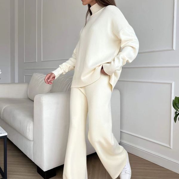 

women's tracksuits casual women autumn winter turtleneck sweater suit knitted side slit blouse elastic wideleg pants 2 piece sets outfi, Gray