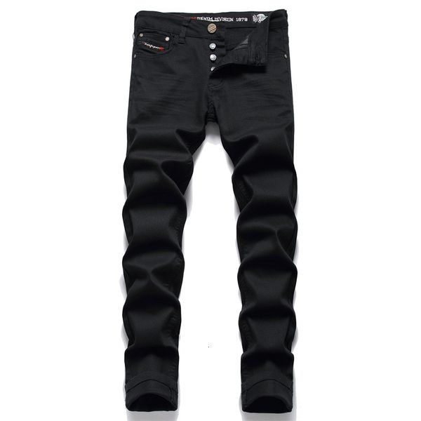 

men's jeans black jeans simple trend stretch slim pencil pants solid color midwaist embroidered brand trousers 230131, Blue