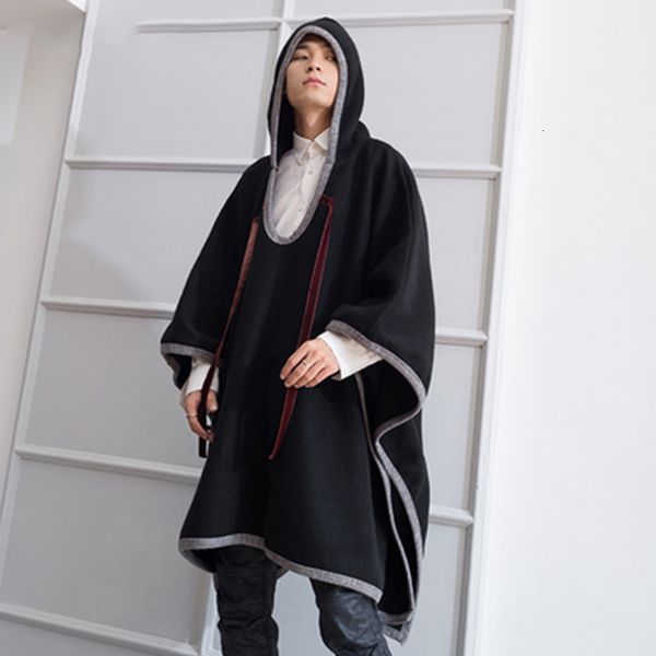 

men's wool blends m4xl autumn and winter trend male loose personality cloak in the long woolen coat hair stylist thick hooded 230130, Black