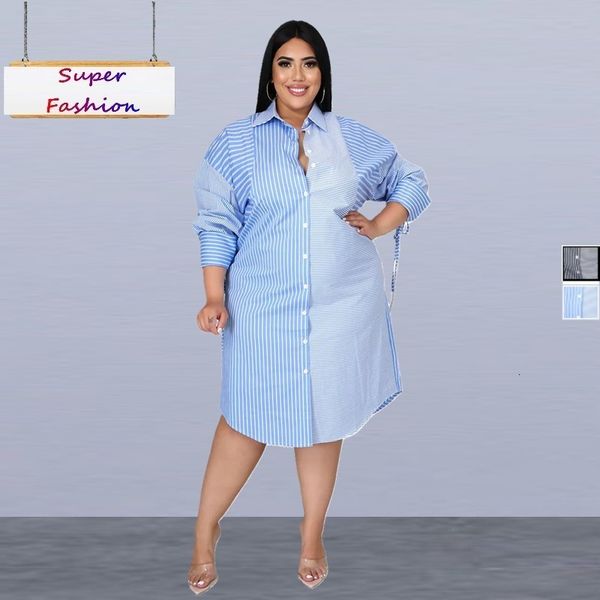

plus size dresses xl5xl women clothing fashion splicing stripe printing long sleeve casual shirt dress wholesale drop 230130, Black