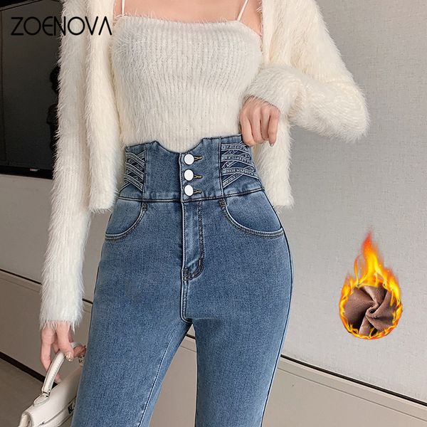 

women's jeans zoenova winter warm high waist skinny pants fleece velvet elastic jeggings casual straight jean woman 230131, Blue