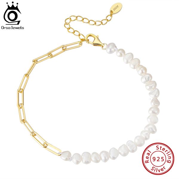 

charm bracelets orsa jewels 925 sterling silver vintage chunky paper clip link chain bracelet with pearl for women girls fashion jewelry gpb, Golden;silver