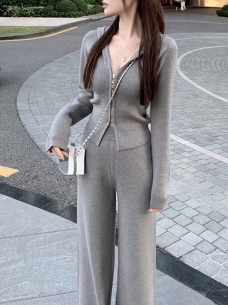 

women's tracksuits knitted casual hooded jacket high waist long pants 2 piece set femme fashion clothing outfit 230131, Gray