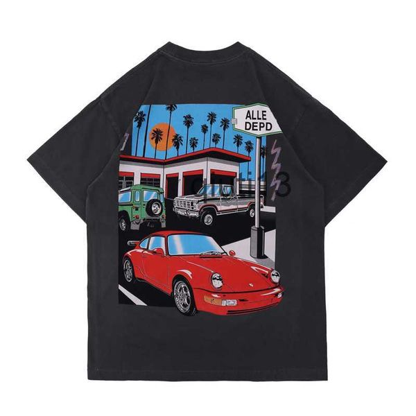 

men's t-shirts 21ss spring summer american drive thru car t shirt distressed vintage tee skateboard men women high street casual tshirt, White;black