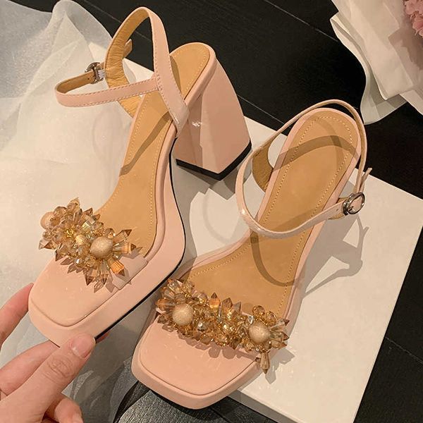 

2022 new summer outdoor rhinestone pink black sandals women's french platform high heels ladies party dress wedding shoes female 0130