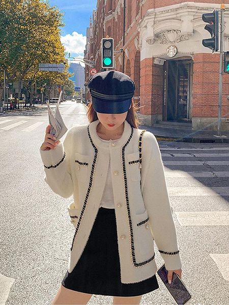 

women's knits sweaters for women 2023 faux pearl buttoned single breasted elegant cardigan woman contrast trim knit cardigans, White