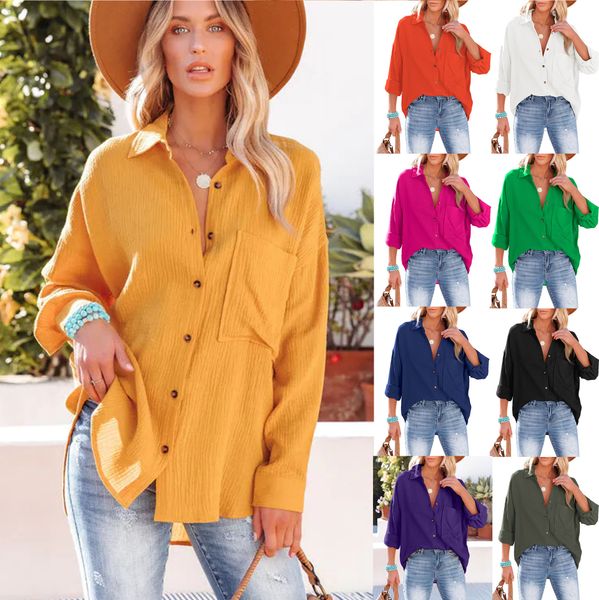 

spring and summer new women's casual v-neck shirt long sleeve buckle, White