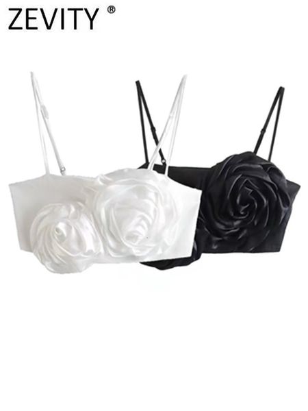

women's tanks camis zevity women high street floral appliques design spaghetti strap chic tank lady side zipper short sling crop ls650, White