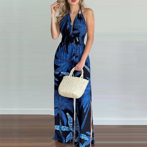 

women's jumpsuits rompers women summer floral print jumpsuits boho sleeveless backless wide leg long overalls rompers female loose over, Black;white