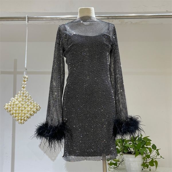 

casual dresses h80 s90 bling women holiday fashion streetwear diamnond mesh hollow out slash neck feather cuff dress 230130, Black;gray