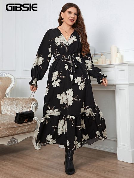 

plus size dresses gibsie size floral print surplice neck belted maxi dress women spring fall vacation long sleeve ruffle hem aline 230130, Black