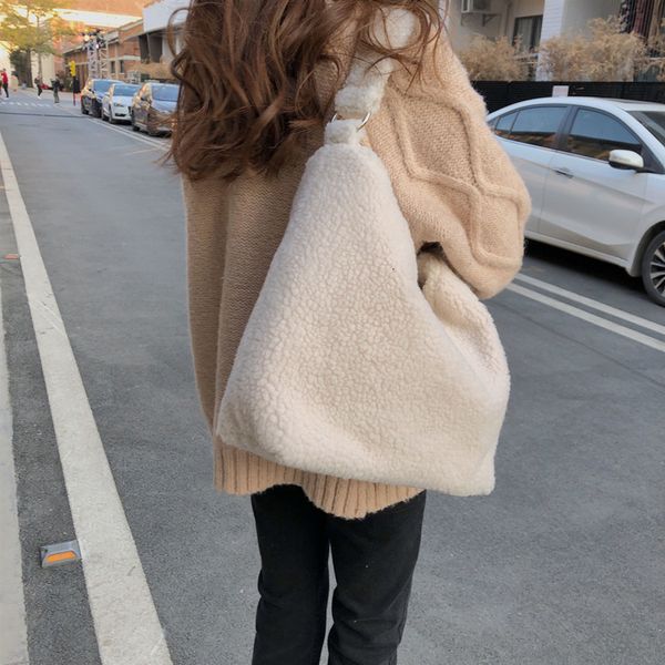 

evening bags winter lamb faux fur ladies shoulder bag solid color soft fluffy plush women messenger large capacity female casual tote 230131