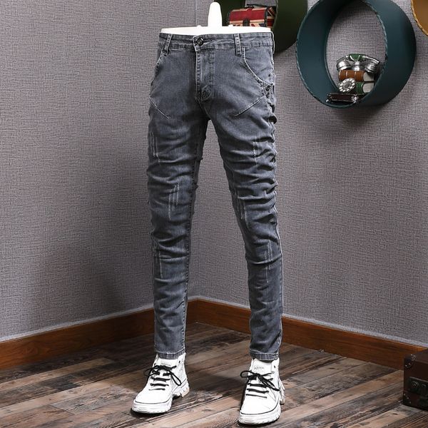 

men's jeans fashion designer retro gray stretch slim ripped elastic trousers vintage casual denim pencil pants hombre 230131, Blue