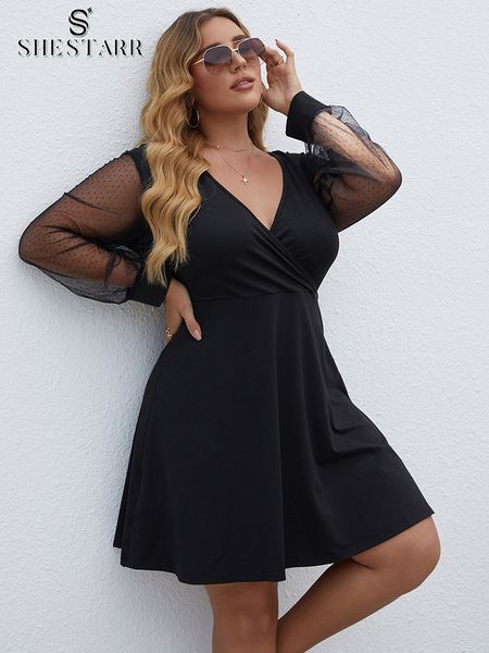 

plus size dresses shestarr size party dress deep v neck long sleeve fashion basic solid birthday prom ladies clothing women's 230130, Black