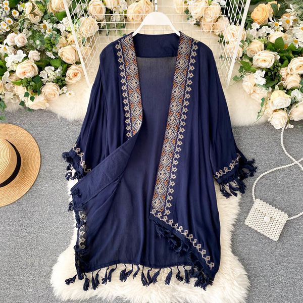 

women's tshirt saliency bohemian retro ethnic heavy industry embroidery cardigan jacket female design sense tassel holiday sunscreen 23, White