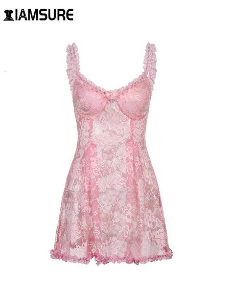 

casual dresses iamsure sweet cute lace cami dress see through slim sleeveless ruffles bow a-line mini for women summer spring lady 230131, Black;gray