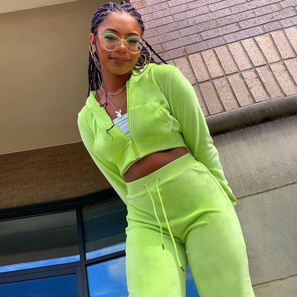 

women's tracksuits fall spring solid color two-pieces running sets casual velvet zip up hooded coats crop flare trousers 230131, Gray