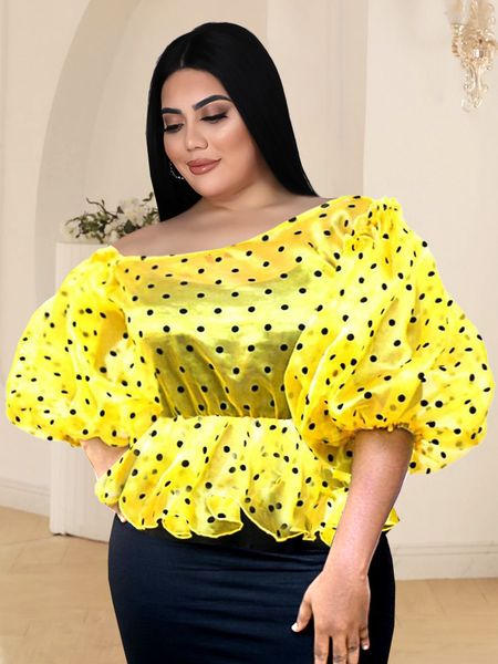 

women's plus size tshirt blouse 3xl 4xl off shoulder yellow black polka dot short puff sleeves high elastick see through shirts for wo