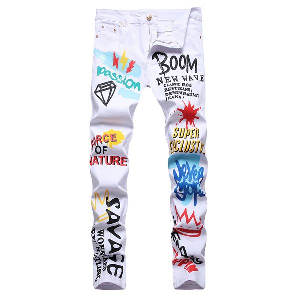 

men's jeans y2k colored letters printed fashion white slim straight stretch denim pants streetwear trousers 230131, Blue